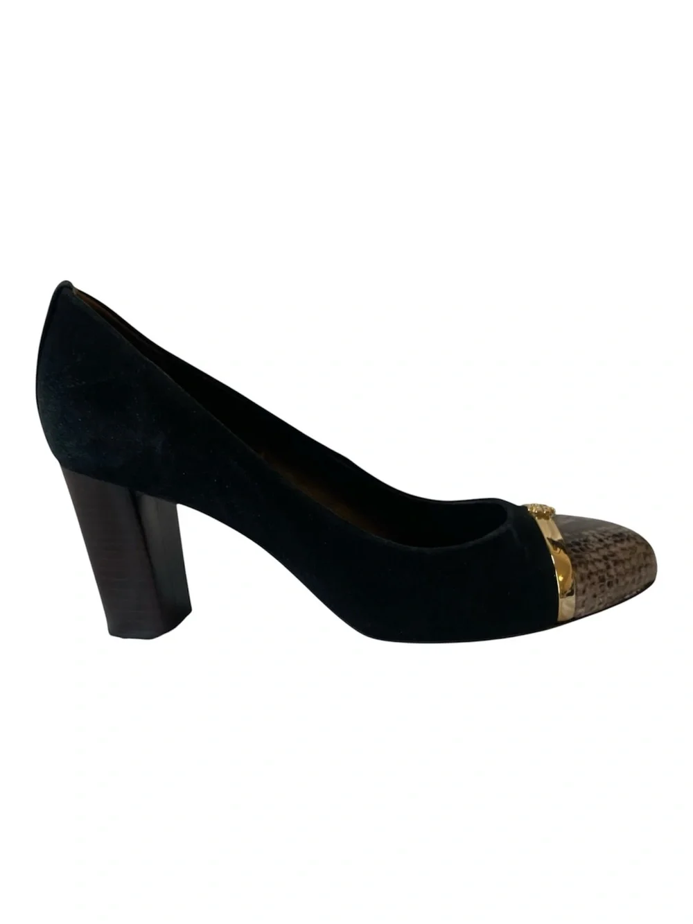 Tory Burch Pacey Black Suede Snake Cap Toe Block Heel Pumps Women’s 7